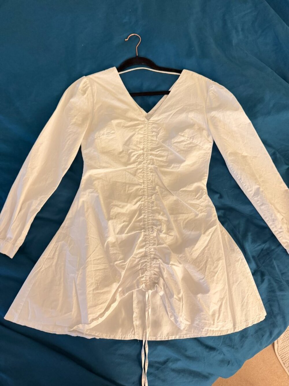 White Long Sleeve Ruched Drawstring Dress Size S - Picture 2 of 2